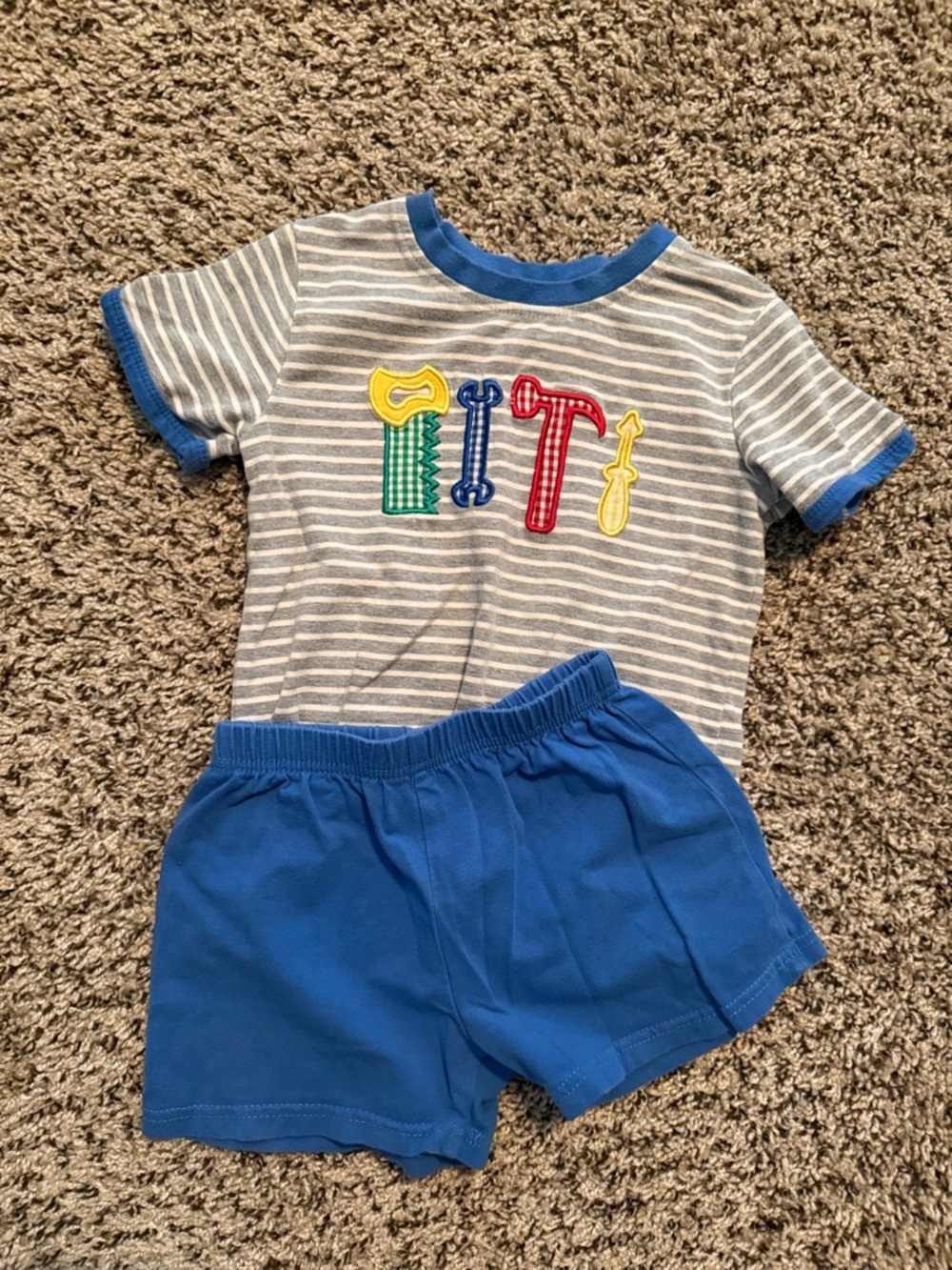 Trotter Street Gray & Blue Striped Tool Applique Tee with Royal Blue Shorts